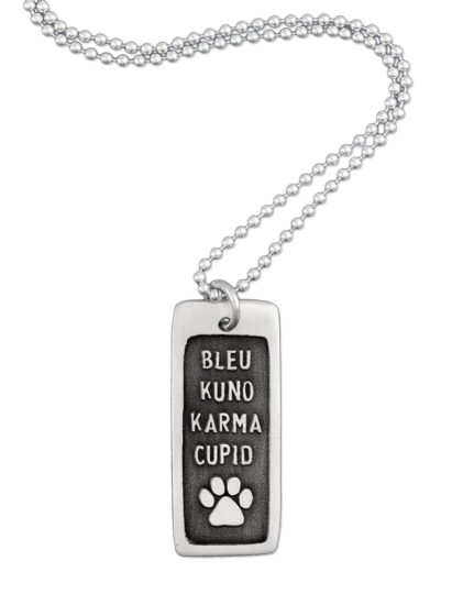 Silver necklace featuring pet names, a stylized pet paw, with the names shown in relief on a black background