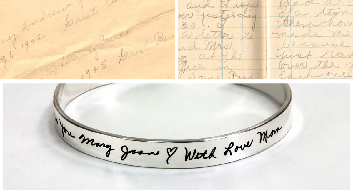 Sterling silver handwriting cuff with original letters