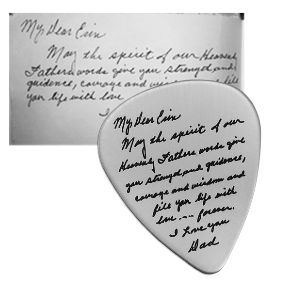 Silver Guitar Pick with Your Handwriting, shown with original handwriting