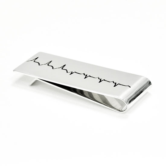 Silver Money clip with heartbeat etched on it