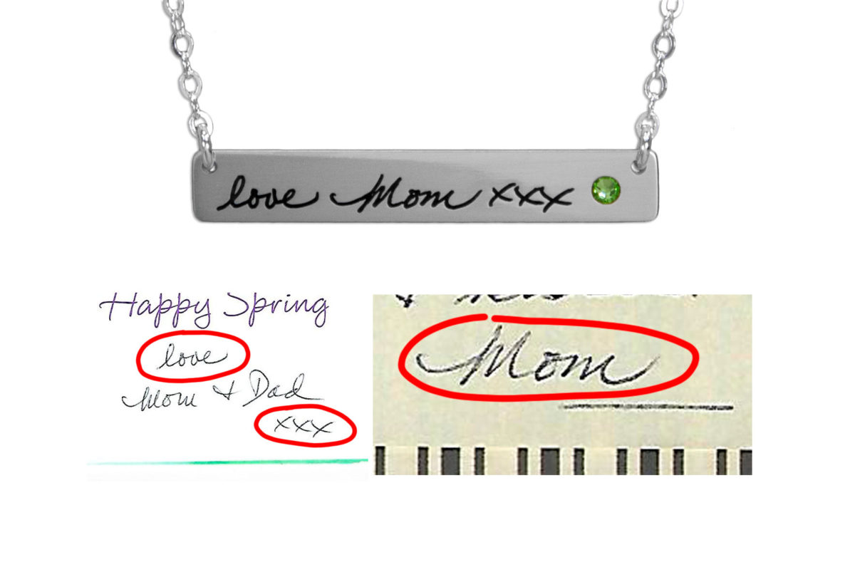 Silver Bar Handwriting Necklace with 2 handwriting images