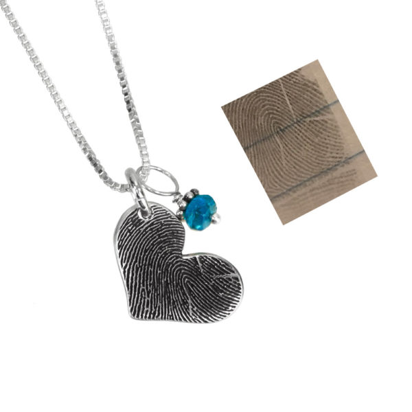 Fingerprint Necklace Small Heart with Birthstone, shown with actual fingerprint used to create it