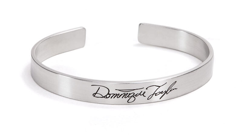 Silver Handwriting Cuff Bracelet with signature on white background